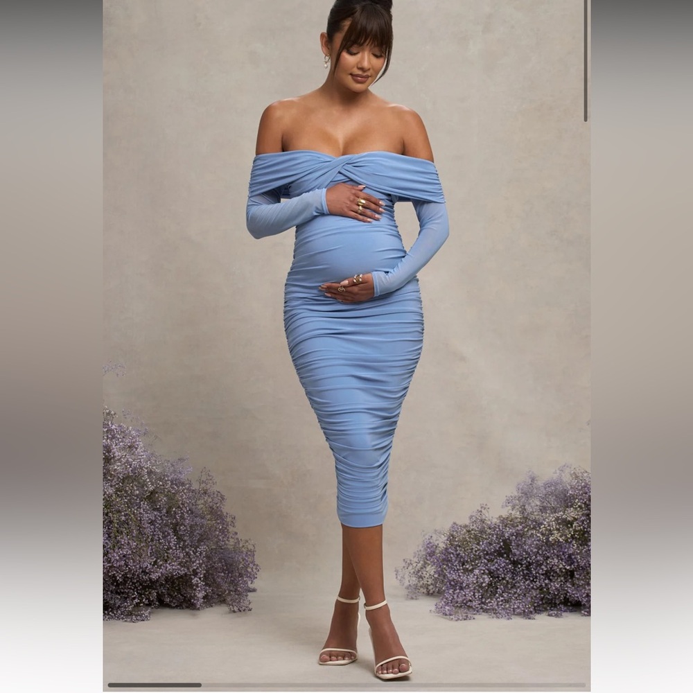 Club L London Off-Shoulder Long Sleeve Blue Dress